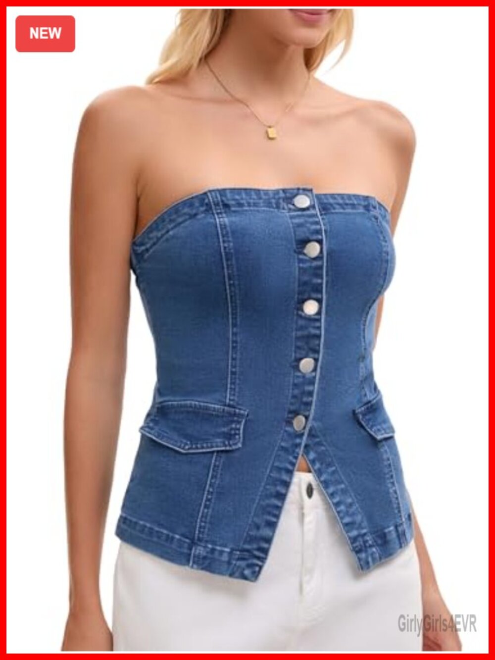 Denim Tube Top Button Front Elastic Back Crop Strapless Bandeau